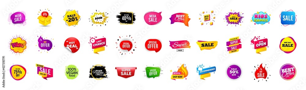 Fototapeta premium Discount offer sale banners. Best deal price stickers. Black friday special offer tags. Sale bubble coupon. Promotion discount banner templates design. Buy offer sticker. Super deal set. Vector