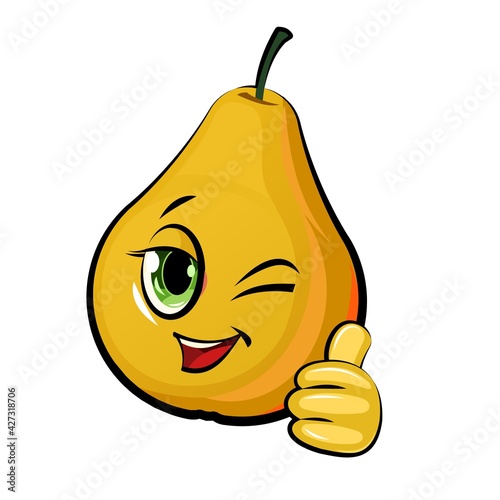 Pear cheerful smile. Juicy red   fruit with a muzzle. Cartoon style. Isolated over white background. Vector illustration. Winks.