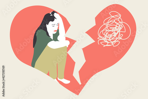 Broken heart concept. Upset and depressed woman. Anxiety, mental health, love.