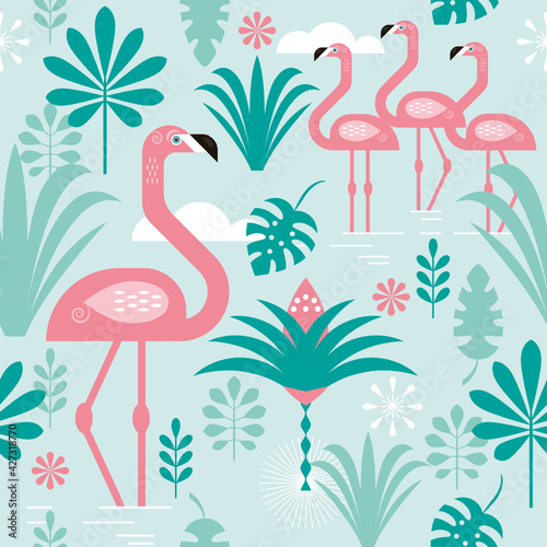 seamless pattern with a pink flamingo