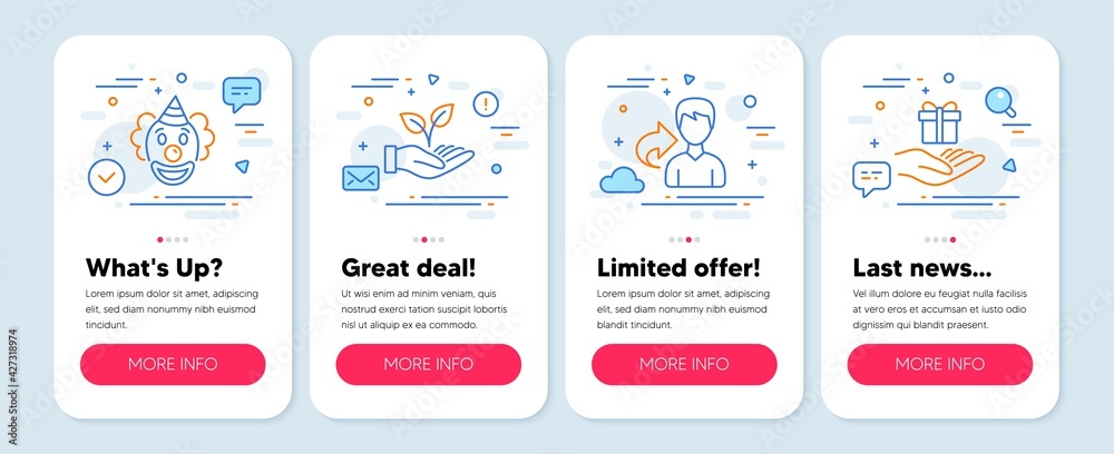 Set of People icons, such as Share, Clown, Helping hand symbols. Mobile screen app banners. Loyalty program line icons. Male user, Funny performance, Startup palm. Gift. Share icons. Vector