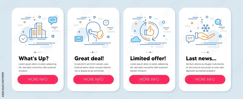 Set of line icons, such as Buildings, Medical mask, Refresh like symbols. Mobile screen mockup banners. Freezing line icons. City architecture, Respirator, Thumbs up counter. Air conditioner. Vector Set of line icons, such as Buildings, Medical mask, Refresh like symbols. Mobile screen mockup banners. Freezing line icons. City architecture, Respirator, Thumbs up counter. Air conditioner. Vector