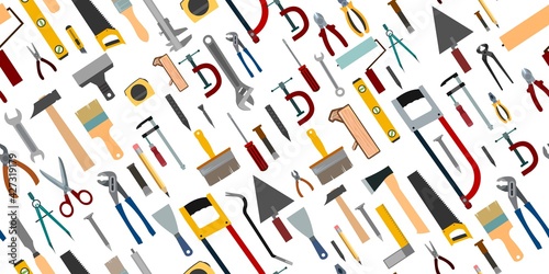 Construction tools. Background. For work as a painter, carpenter, builder, handyman. Repair and construction services. Sale of tools. Hammer, pliers, saw, scissors, brushes.