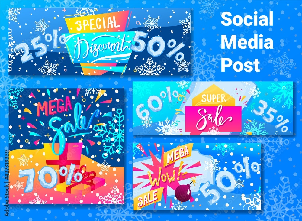 Winter sale mega, special super discount poster, price season shop, snow sale sticker, design, cartoon style vector illustration.