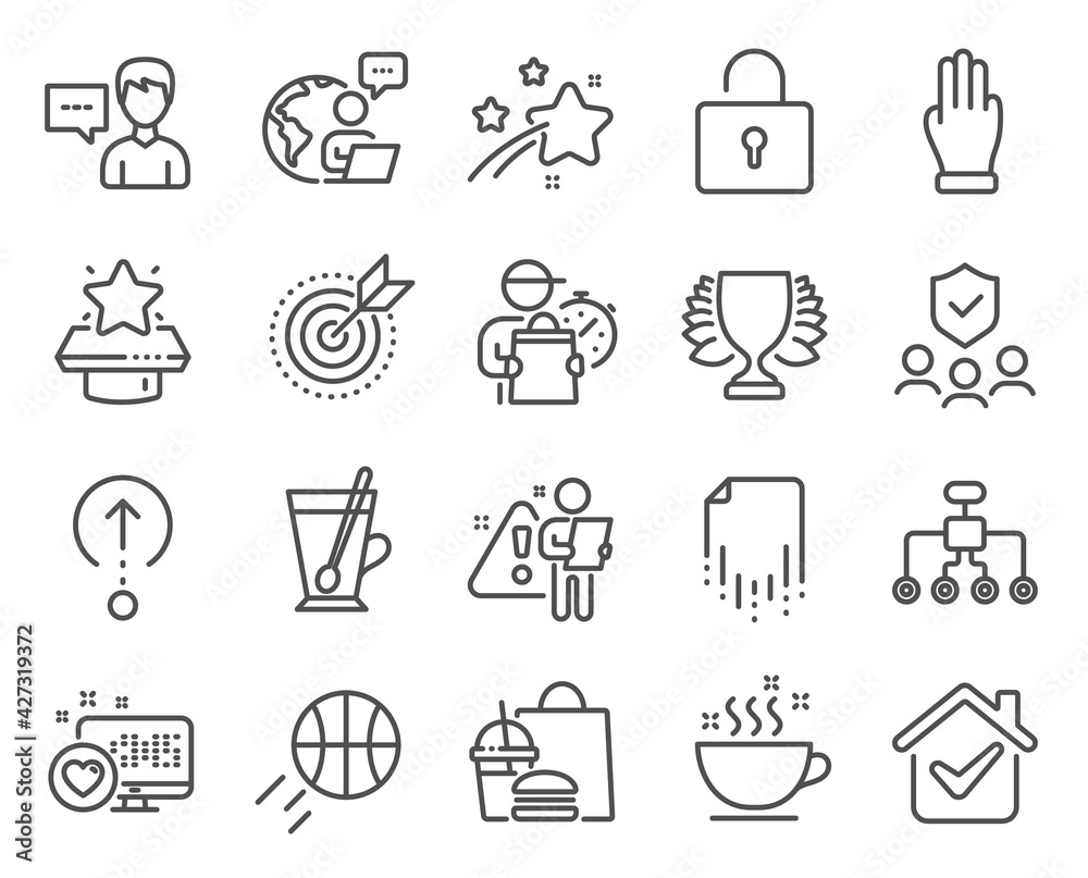 Line icons set. Included icon as People insurance, Tea mug, Coffee cup signs. Recovery file, Person talk, Basketball symbols. Winner, Lock, Winner podium. Restructuring, Three fingers. Vector Line icons set. Included icon as People insurance, Tea mug, Coffee cup signs. Recovery file, Person talk, Basketball symbols. Winner, Lock, Winner podium. Restructuring, Three fingers. Vector