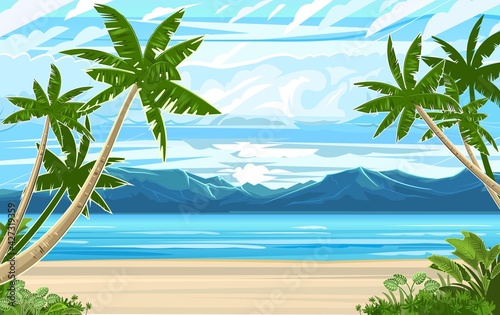 Beach. Seaside landscape. Tropical trees by the sea, ocean. Mountains in the distance on the horizon. Grass and thickets in the sand. Illustration. Vector