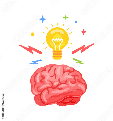 Brainstorm. Creative idea icon, abstract icon. A brain with a light bulb on at the top. Idea. Vector illustration isolated on white background.