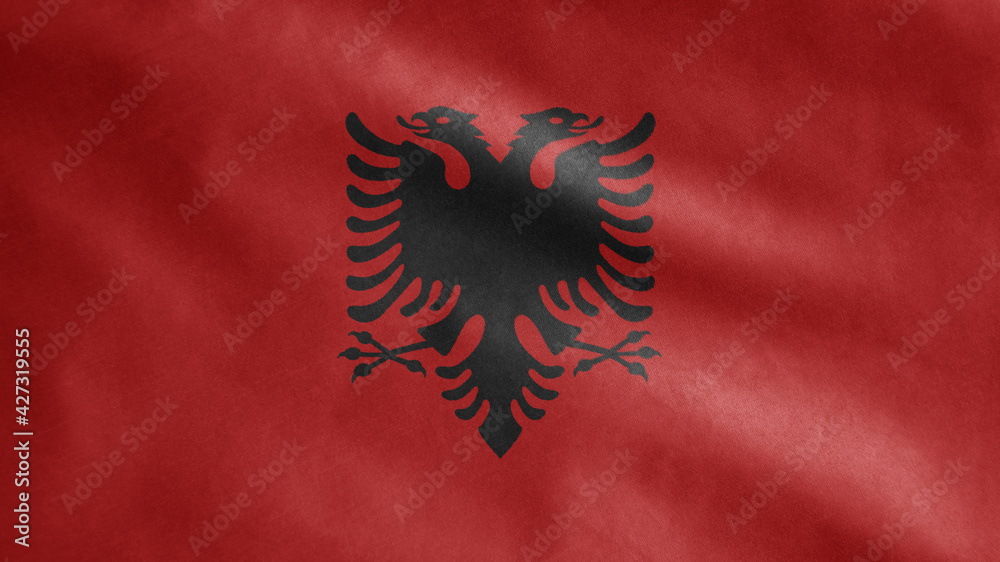 Albanian flag waving in the wind. Close up of Albania banner blowing, soft silk. Albanian flag waving in the wind. Close up of Albania banner blowing, soft silk.