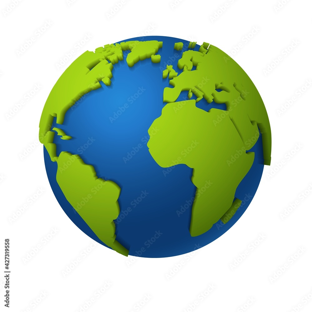 3d globe. Round world map with green continents and blue oceans, america africa and europe, earth planet in space. Global digital communication concept vector realistic isolated illustration