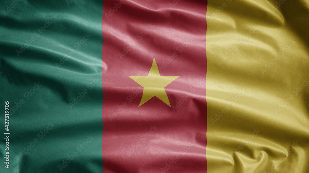 Cameroonian flag waving in the wind. Close up Cameroon banner blowing soft silk