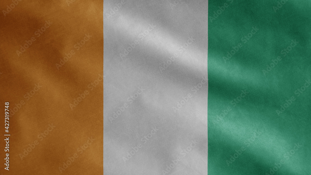 Ivoria flag waving in the wind. Close up of Ivory Coast banner blowing soft silk