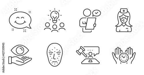 Safe time, Smile chat and Face biometrics line icons set. Business idea, Nurse and Judge hammer signs. Customer survey, Health eye symbols. Management, Happy emoticon, Facial recognition. Vector