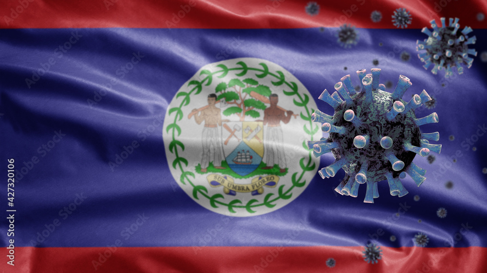 3D, Flu coronavirus floating over Belizean flag. Belize and pandemic Covid 19