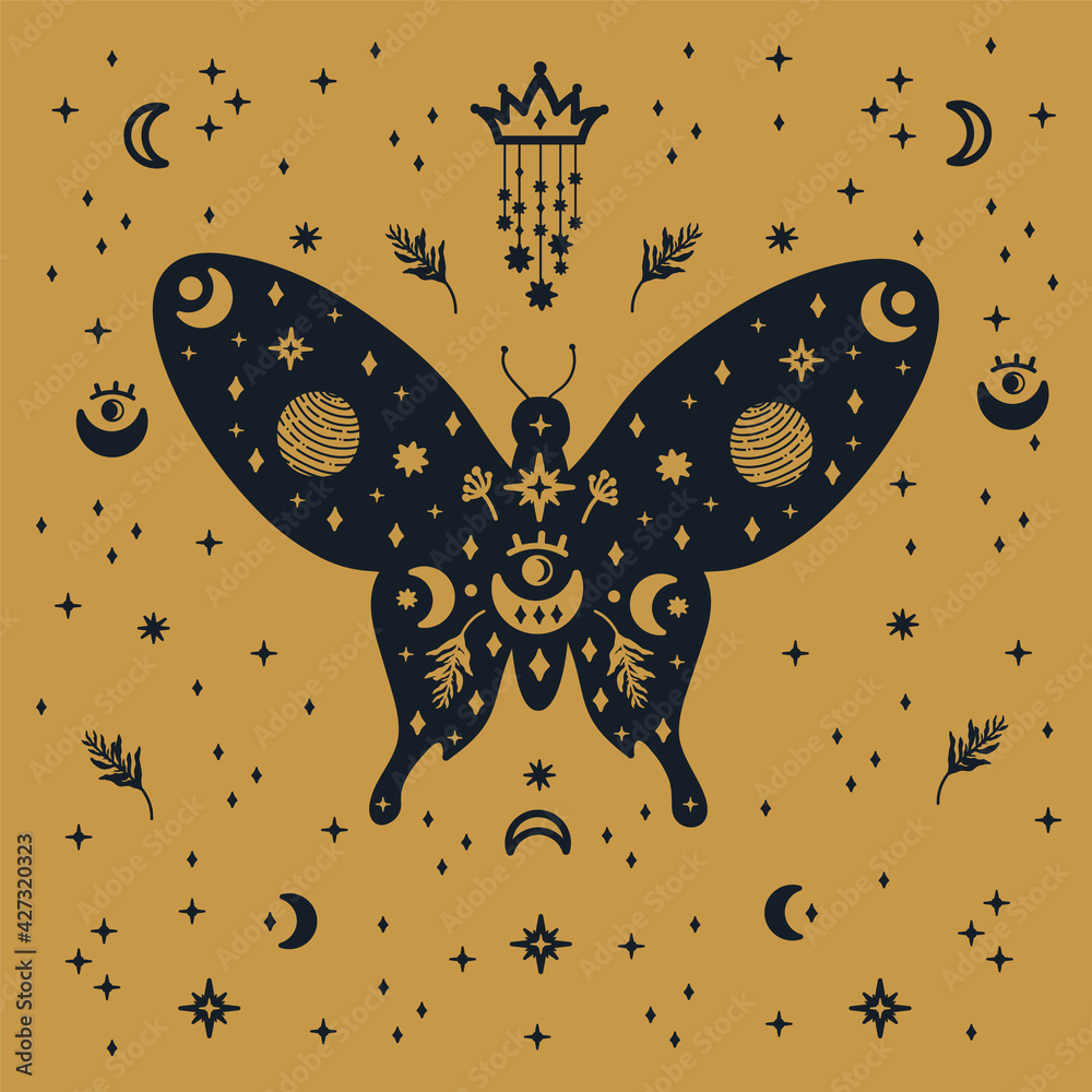 Beautiful butterfly with golden wing doodles. Poster of Black ...