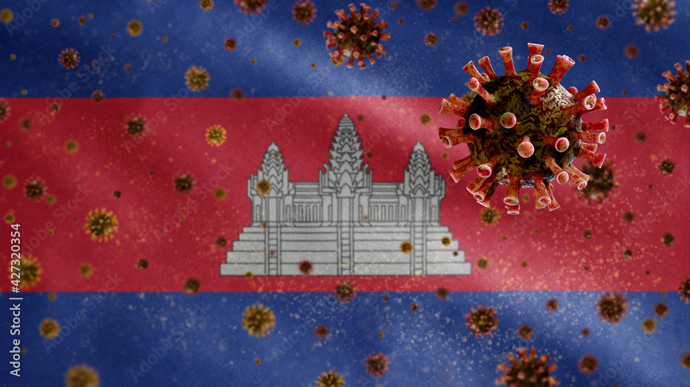 3D, Cambodian flag waving with Coronavirus outbreak. Cambodia Covid 19