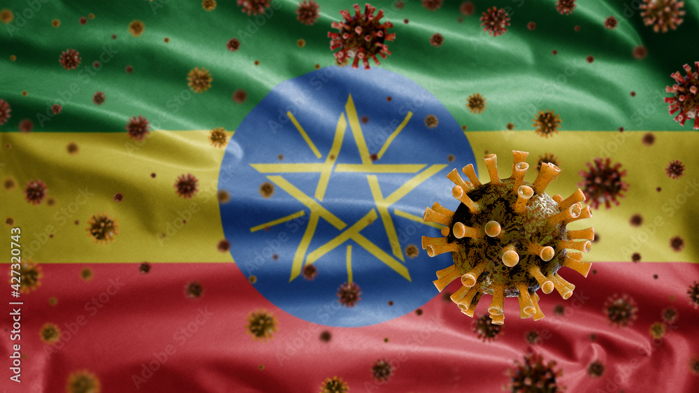 3D, Ethiopian flag waving with Coronavirus outbreak. Ethiopia Covid 19