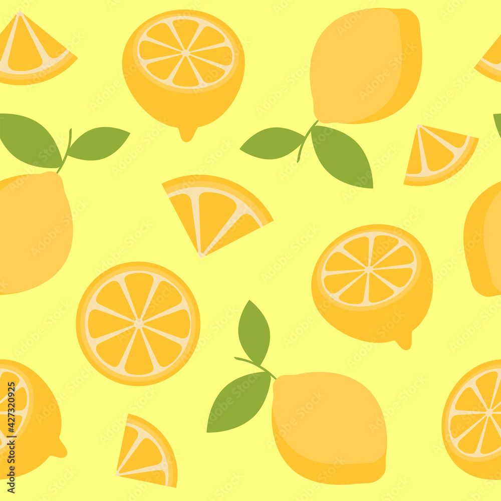 Yellow seamless pattern with lemon slice. Citrus repeat motif for background, wallpaper