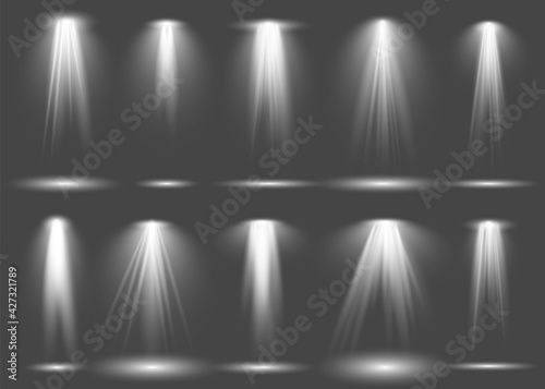 Spot light set. Stage projection illumination  article lamp in studio  spot beam shines collection  spotlight in theater scene or concert club. Vector realistic isolated illustration