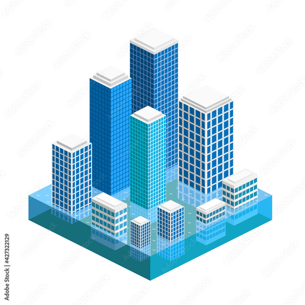 The skyscraper city is flooded with water in isometric view. Flood, global warming, natural disaster. The city is under water.
