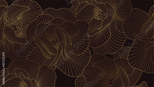 Peonies line art burgundy background. Luxury gold Floral design. Pattern with marsala colored Flowers for prints, banner, fabric, poster, cover, wedding invitation, greeting card. Vector illustration