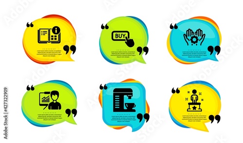 Presentation, Employee hand and Instruction info icons simple set. Speech bubble with quotes. Buy button, Coffee machine and Success signs. Education board, Work gear, Project. Vector