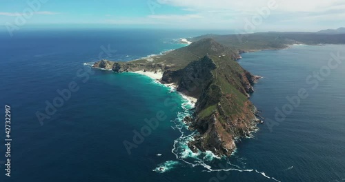Aerial shot of the Cape Of Good Hope and Cape Point where Indian, South and Atlantic Oceans meet.