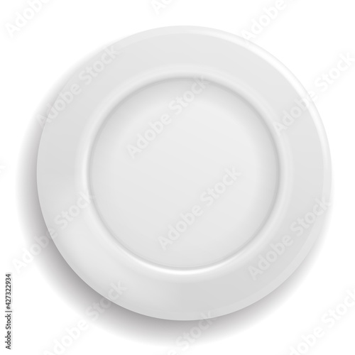 White plate empty. Clean realistic ceramic porcelain plate top view, round shiny dish bowl from above, serving meal close up element for home restaurant or cafe vector 3d isolated illustration