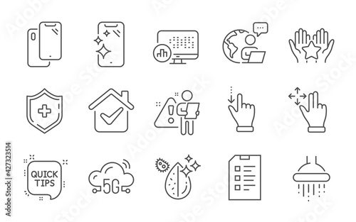 5g cloud, Dirty water and Checklist line icons set. Report statistics, Move gesture and Smartphone clean signs. Ranking, Smartphone and Medical shield symbols. Line icons set. Vector