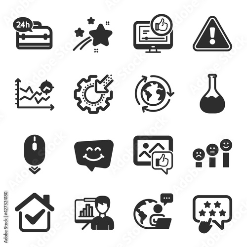 Set of Technology icons, such as Smile chat, Customer satisfaction, Like photo symbols. Like video, 24h service, Chemistry lab signs. Presentation board, Outsourcing, Seo gear. Scroll down. Vector