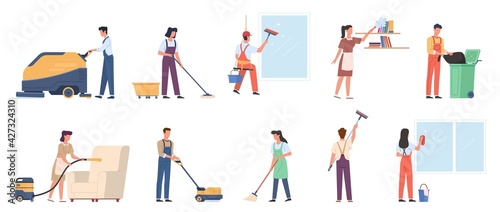 Cleaning service. Employees in uniform with professional industrial washer equipment, male and female staff with detergents and special tools, housekeeper maid or janitor vector set