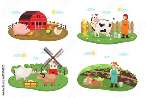 Farm scenes. Rural nature farming and animal husbandry, agricultural compositions with growers man and woman, poultry yard, milk and vegetables harvest. Countryside vector concept