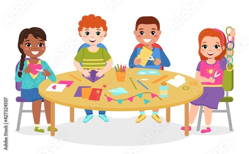 Kids paper craft. Boys and girls cut colored paper figures at round table, make applications, origami flags and chains garlands. Children art hobby and interest group vector cartoon concept