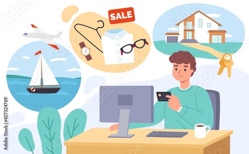 Shopping online. Happy man chooses product distantly, male customer pays purchases with credit card, internet payment systems, buying things on discount sale vector e-shopping concept