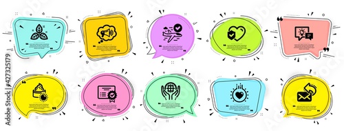 Business icons set. Speech bubble offer banners. Vector coupon badge. Included icon as Share mail, Organic tested, Megaphone signs. Life insurance, Certificate, Idea lamp symbols. Vector