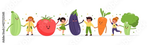 Happy kids with vegetables. Smiling girls and boys dance with big vegetables, children playing with humanized snacks. Healthy vitamin food vector cartoon isolated horizontal concept