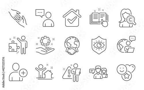 Helping hand, Collagen skin and People talking line icons set. Global business, Smile and Technical documentation signs. Eye protection, Add user and New house symbols. Line icons set. Vector