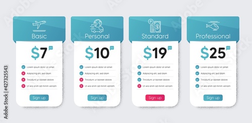 Parking payment, Departure plane and Delivery service line icons set. Price table chart, business plan template. Helicopter sign. Paid garage, Airport transport, International parcel. Copter. Vector
