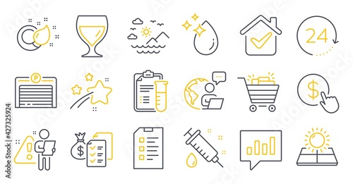 Set of Business icons, such as Parking garage, Accounting wealth, Sun energy symbols. Medical syringe, Water drop, Paint brush signs. Medical analyzes, Checklist, Sea mountains. Wine glass. Vector