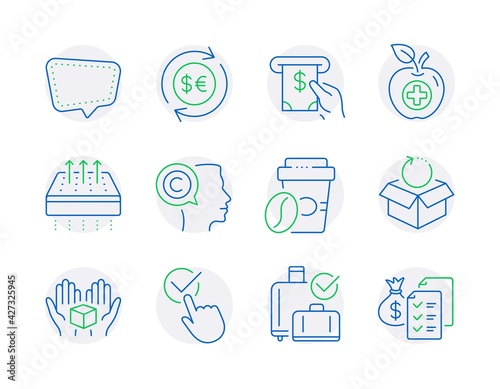 Business icons set. Included icon as Atm service, Chat message, Writer signs. Checkbox, Medical food, Hold box symbols. Takeaway coffee, Baggage reclaim, Return package. Money currency. Vector