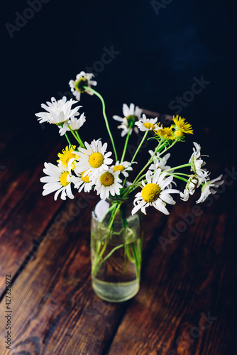 Small wild chamomile flowers in vase on wooden surface