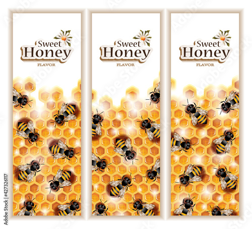 Vector illustration of honey banners with working bees crawling on honeycombs