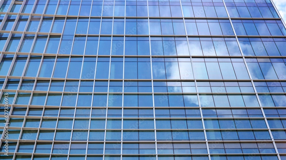 Glass clad facade of a modern building covered in reflective plate glass. Glass clad facade of a modern building covered in reflective plate glass.