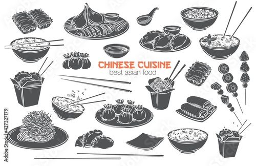Chinese cuisine vector monochrome glyph isolated cut icon set. Asian food engraved Mapo tofu, rice, Dragons beard candy and tanghulu. Wok, peking duck, dumplings, wonton, fried noodles and rolls.
