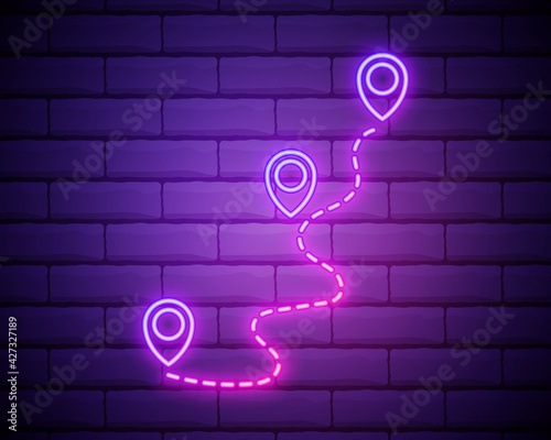 Glowing neon Route location icon isolated on brick wall background. Map pointer sign. Concept of path or road. GPS navigator. Vector Illustration.