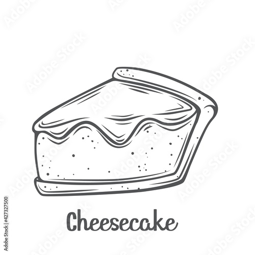 Cheesecake slice outline vector icon. Drawn New York classic cheesecake with jam on top.