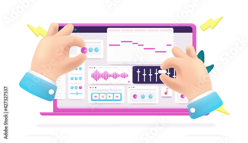 Sound engineer - Hands working on laptop computer making music and audio, sculpturing sounds. 3d vector cartoon illustration.