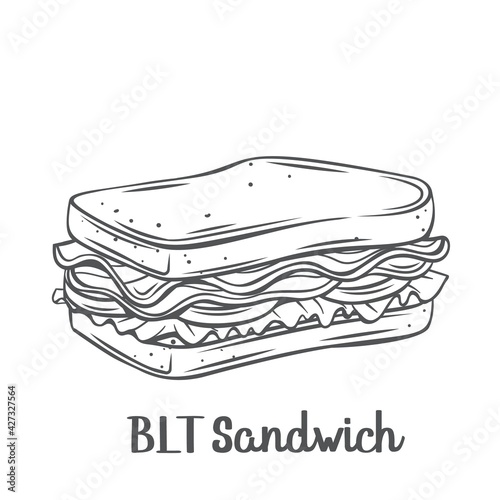 BLT sandwich with bacon, lettuce and tomato drawn outline vector illustration.