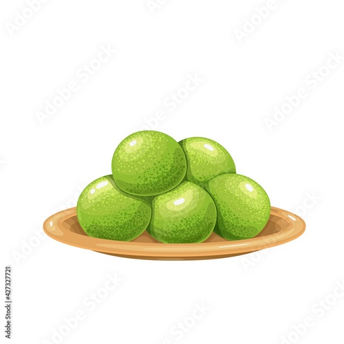 Green candy truffles with matcha on a plate vector illustration.