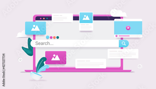 Laptop computer with search engine on screen - Search bar, images, video and information popping out in colourful modern 3d vector illustration.