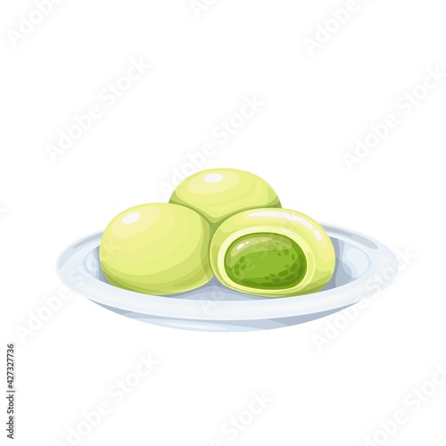 Matcha mochi cake, daifukumochi or daifuku japanese confection consisting vector illustration.